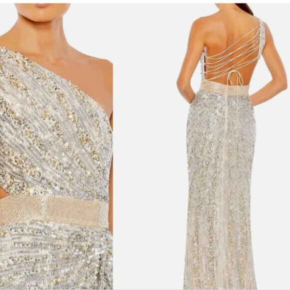 MAC DUGGAL ONE SHOULDER SEQUIN BEADED LACE-UP BACK NUDE SILVER GOWN sz 6 - Picture 6 of 8
